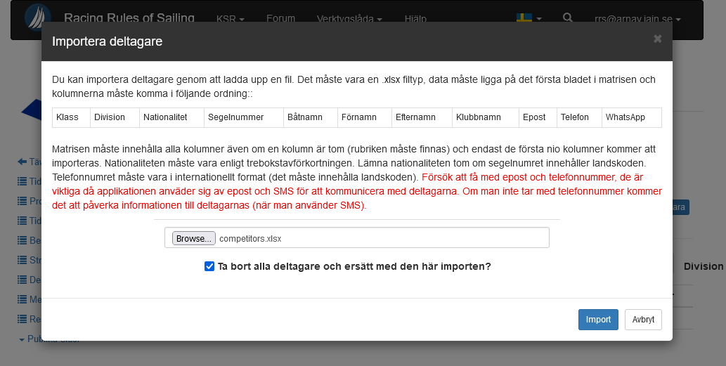 Dialogen för att importera  deltagare