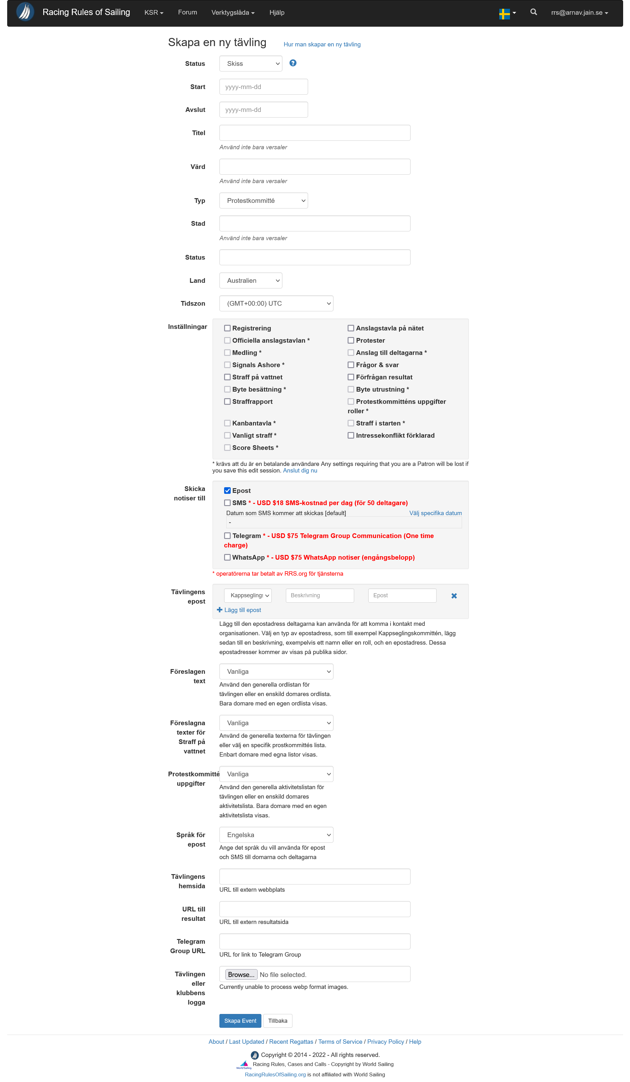 Formulär för ny tävling